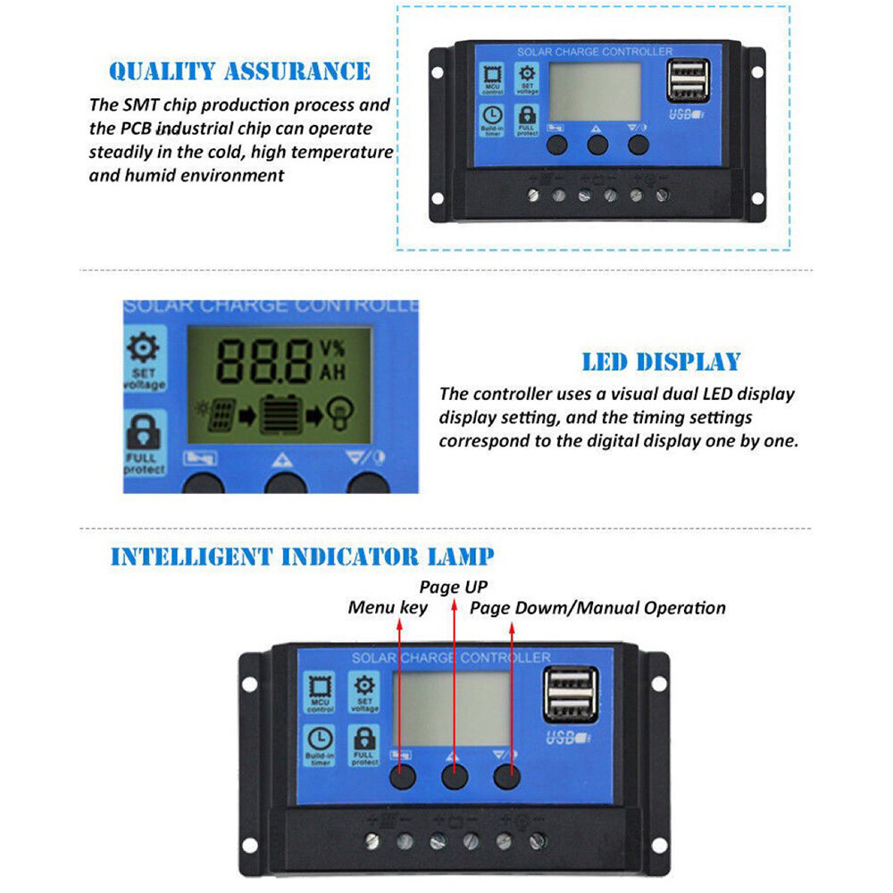 100A Solar Charge Controller, Upgraded Solar Panel USB Port Solar Panel Battery Intelligent Regulator, Multi-Function Adjustable LCD Display Street Light Controller