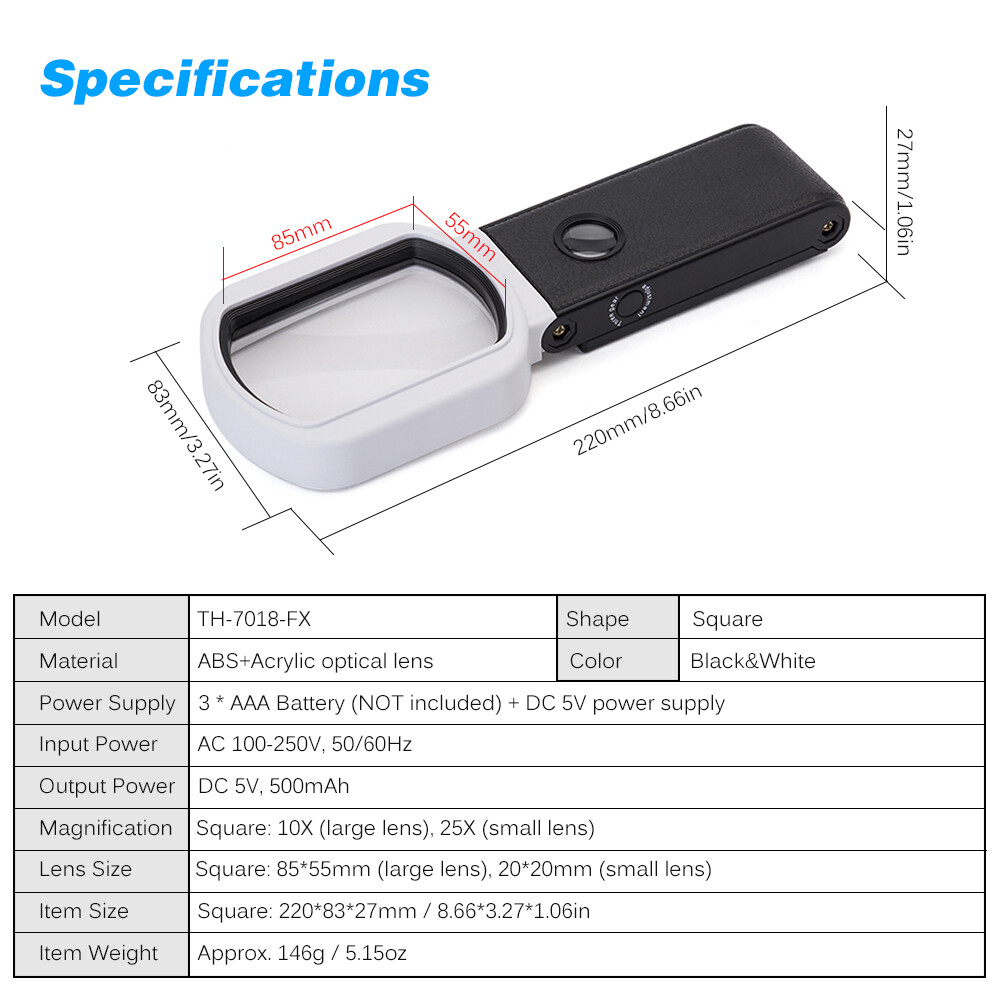 Kính Lúp Cầm Tay Cảm Biến Thông Minh Kính Lúp Đa Năng 10X/25X Có Thể Điều Chỉnh Độ Phóng Đại Có Thể Gập Lại Gương Đọc Sách Vuông Với 6 Đèn LED 2 Đèn UV