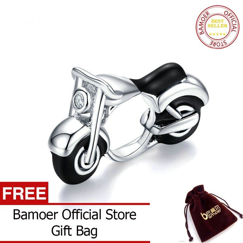 BAMOER 925 Sterling Silver Motorcycle Black Enamel Charm for Original Snake Bracelet Female and Men Punk Style Jewelry BSC273