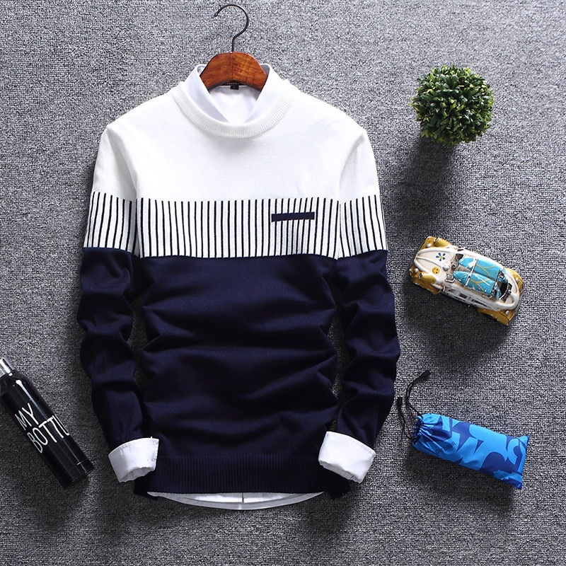 Davidso New Men's Autumn Winter Pullover Wool Slim Fit Striped Knitted Sweaters Mens