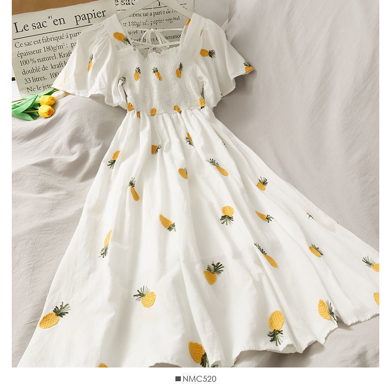 LNV117 New 2021 summer high waist mid-length pineapple slimming printed student Korean style lace-up high-end dress female fashion