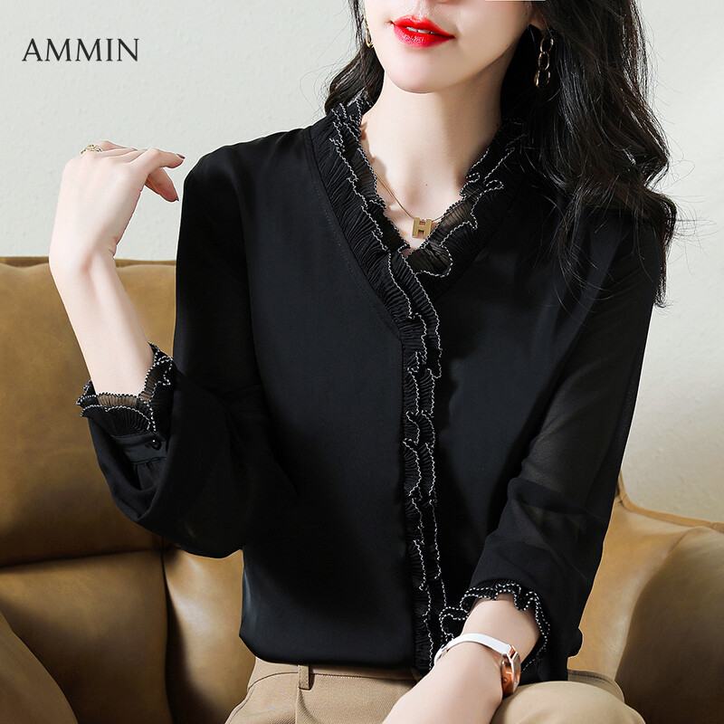 AMMIN Korean style pleated mesh stitching round neck commuter chiffon long-sleeved shirt women's new style 2021 fashion western style autumn intellectual elegant blouse chic tops