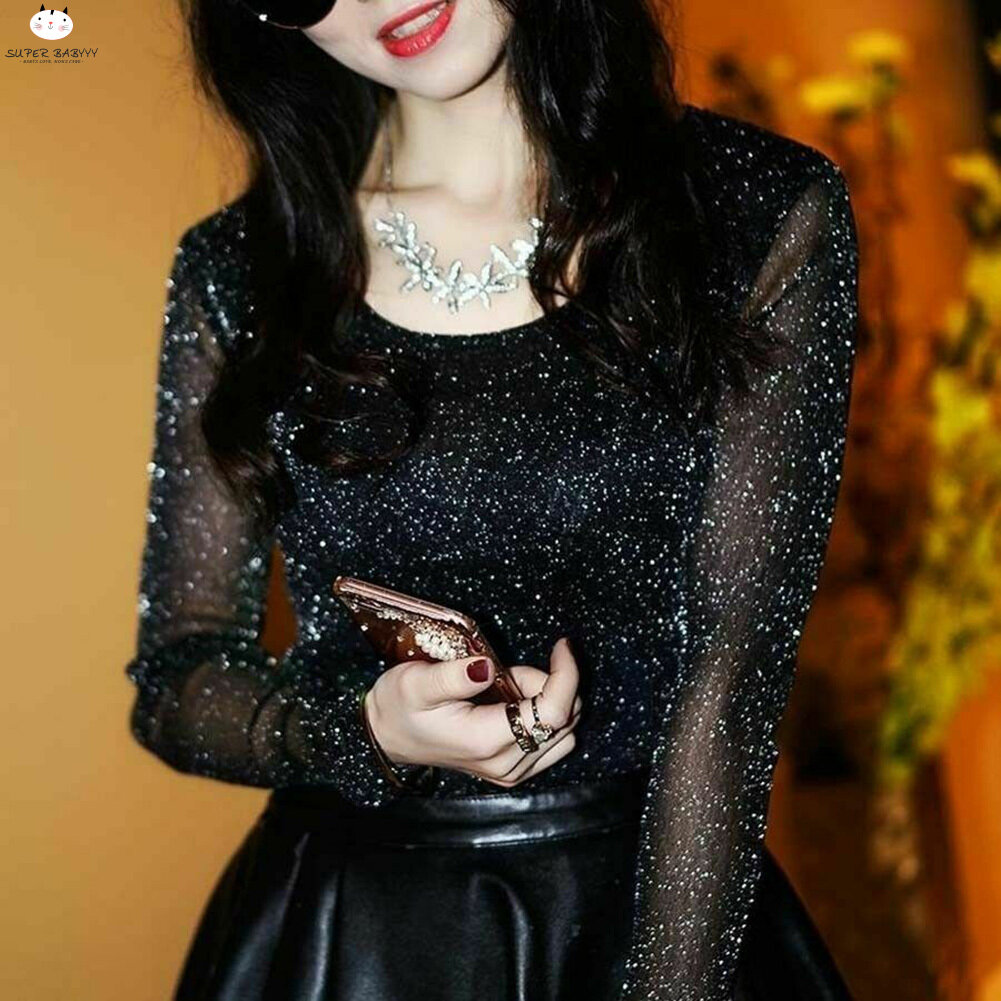 SBY Women Fashion T-shirts Shiny Mesh Party Blouses Tops Round Neck Long Sleeve Women Summer Tops Fashion T-shirts Shiny Mesh Party Blouses Tops Round Neck Long Sleeve