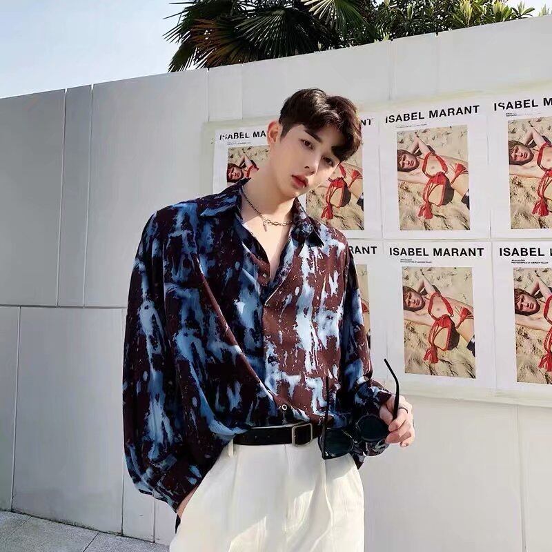 Men Shirt All-Match Casual Jacket Korean Long Sleeve Loose Fashion Blue Tie Dye Printed Sunscreen Clothing