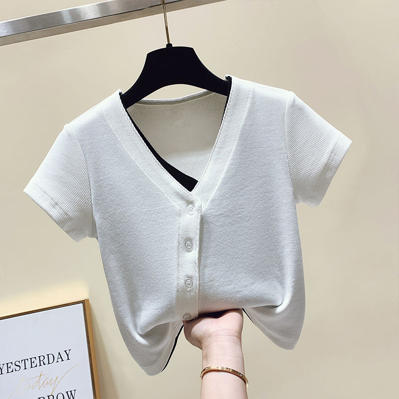 เสื้อยืดสตรี2022ฤดูร้อนใหม่ปลอมสองชิ้นผิดปกติด้านบนของผู้หญิงเวอร์ชั่น ...
