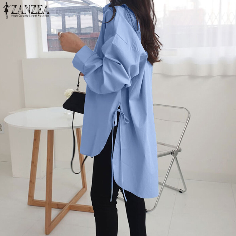 ZANZEA Áo Sơ Mi Nữ Cổ Cao Cài Khuy Dài Tay Cổ Thấp Áo Xẻ Gấu Áo Cánh