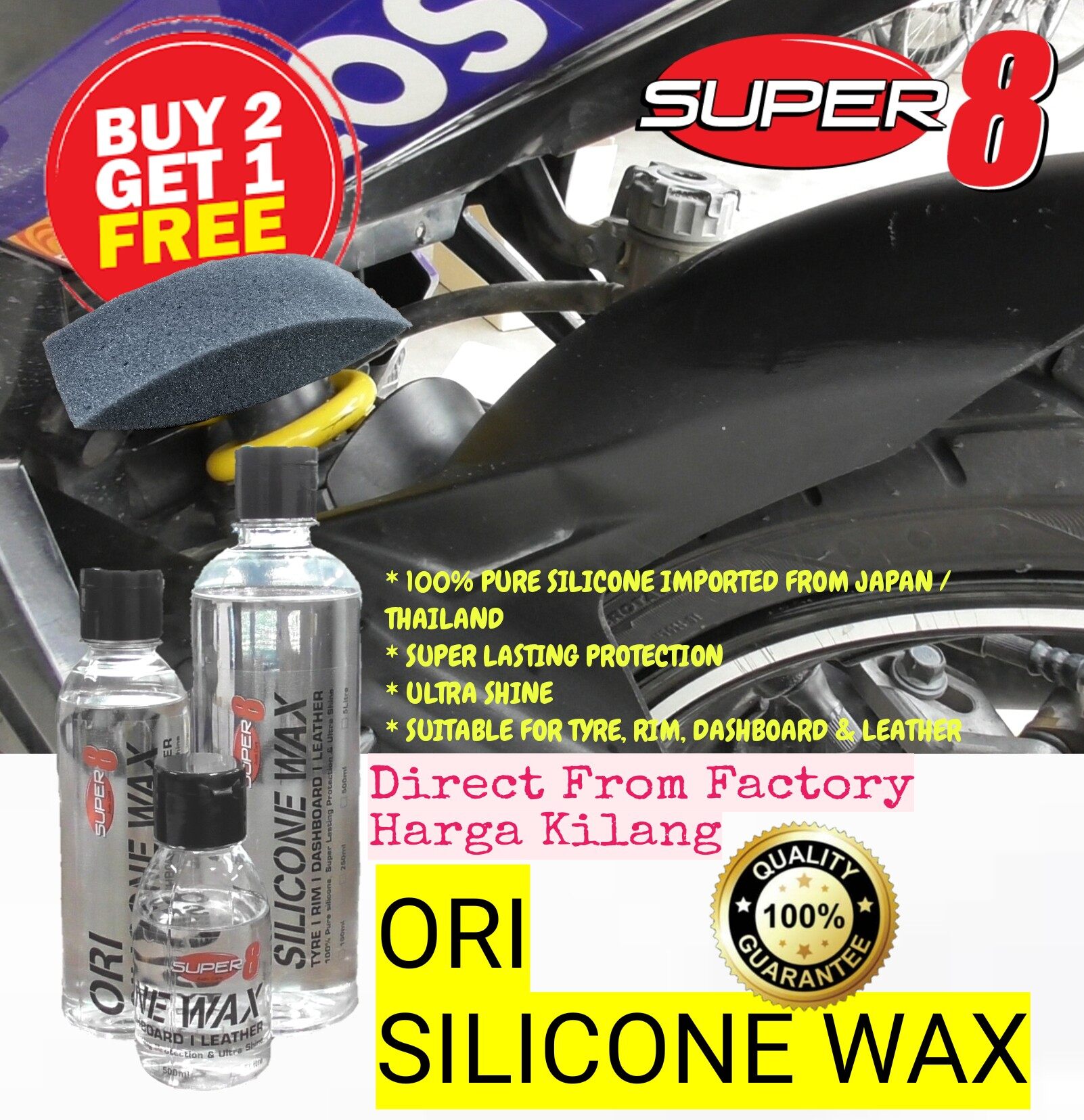 (Buy 2 Free 1) Pengilat Wax Tayar Kilat Super8 100 Ori Silicone Wax