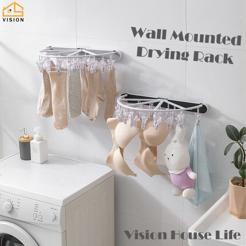 Vision Household Drying Rack Wall Mounted Socks Multi-Clips Foldable Underwear Rack Punch-Free Storage Rack Wall Hanging Folding Balcony Bathroom Drying Rack