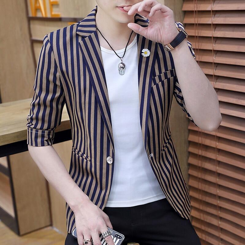 striped shirt and blazer