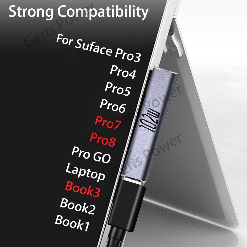 Đầu Nối Bộ Chuyển Đổi Nguồn PD USB Type C 15V 102W Bộ Chuyển Đổi Sạc Nhanh Cho Microsoft Surface Pro 8 7 6 5 4 3 Go Book 1 2 3