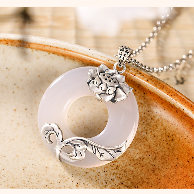TIMESWIND S925 Silver Natural White Chalcedony Lotus Pendant Women Necklace  Y1N