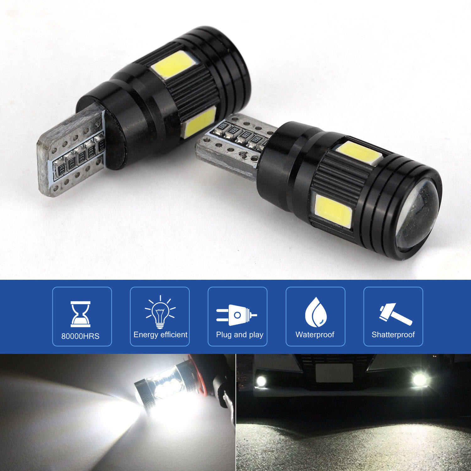[BHKASDI] 2 Pcs T10 High Power LED Daytime Fog Lights Bulb License Plate Light 6000K White