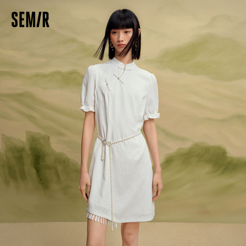 Semir Dress Women Bubble Sleeve Textured Dress 2024 Summer New Tassel Panbuckle Short Dress China-Chic