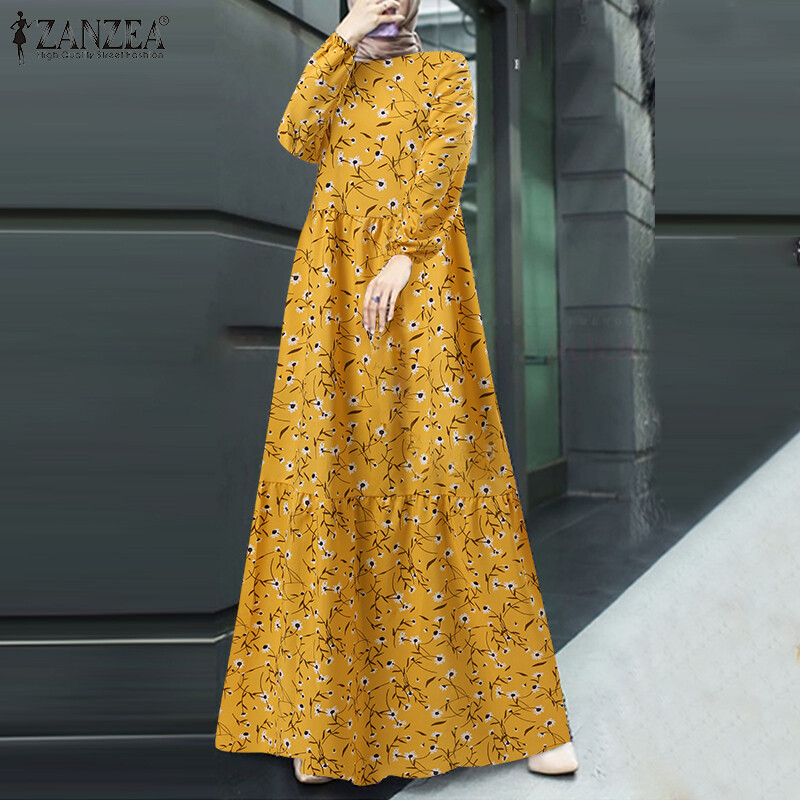 Momonaco zanzea muslimah womens muslim long sleeve print abaya kaftan casual tiered flare maxi long dress