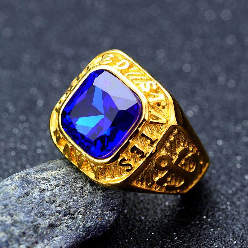 Baja Anti-karat Gold Berlapis dengan Besar Cincin Batu Biru untuk Pria Kado Hebat Perhiasaan Cincin Angkatan Laut
