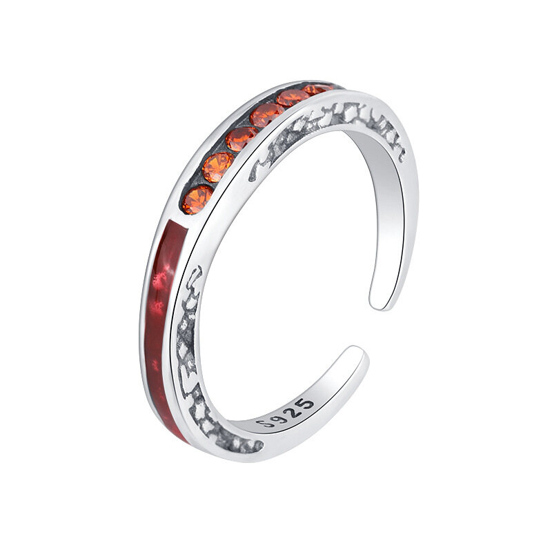 S925 Sterling Silver Ring Women Orange Red Zirconia Set Open Adjustable Ring