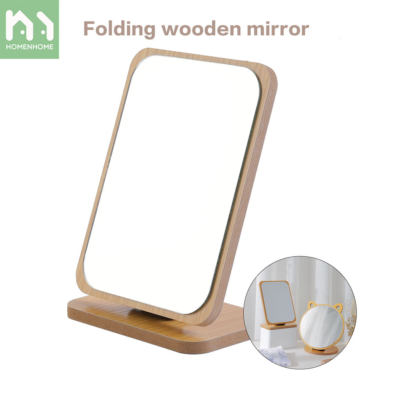 Homenhome Makeup Mirror Wood Small Portable Mirror for Dormitory Bedroom
