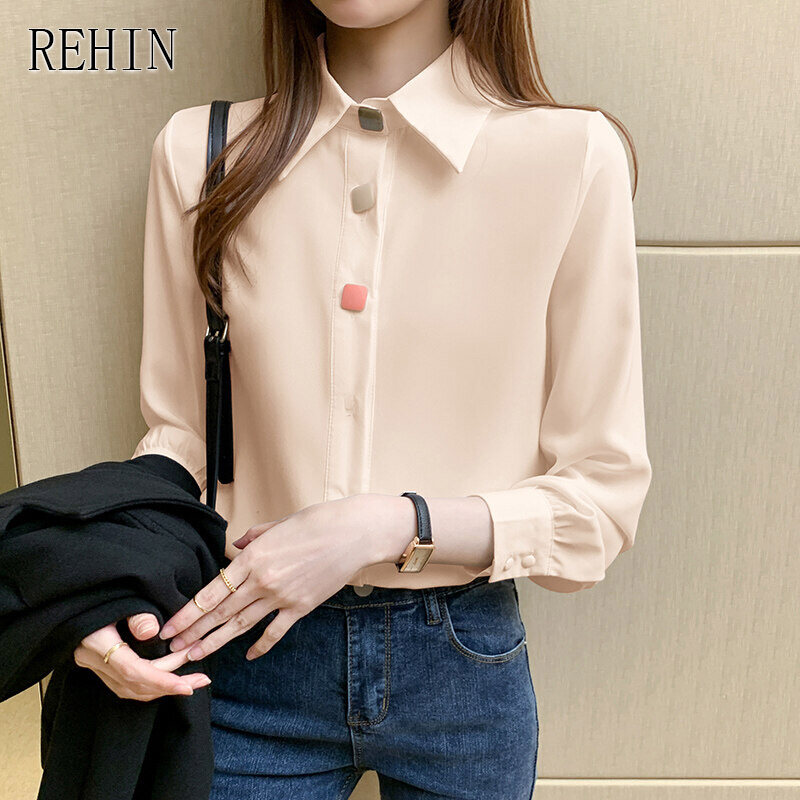 REHIN Long sleeve lapel chiffon shirt Loose slim fit Rainbow Buttons work shirt women blouse new spring top