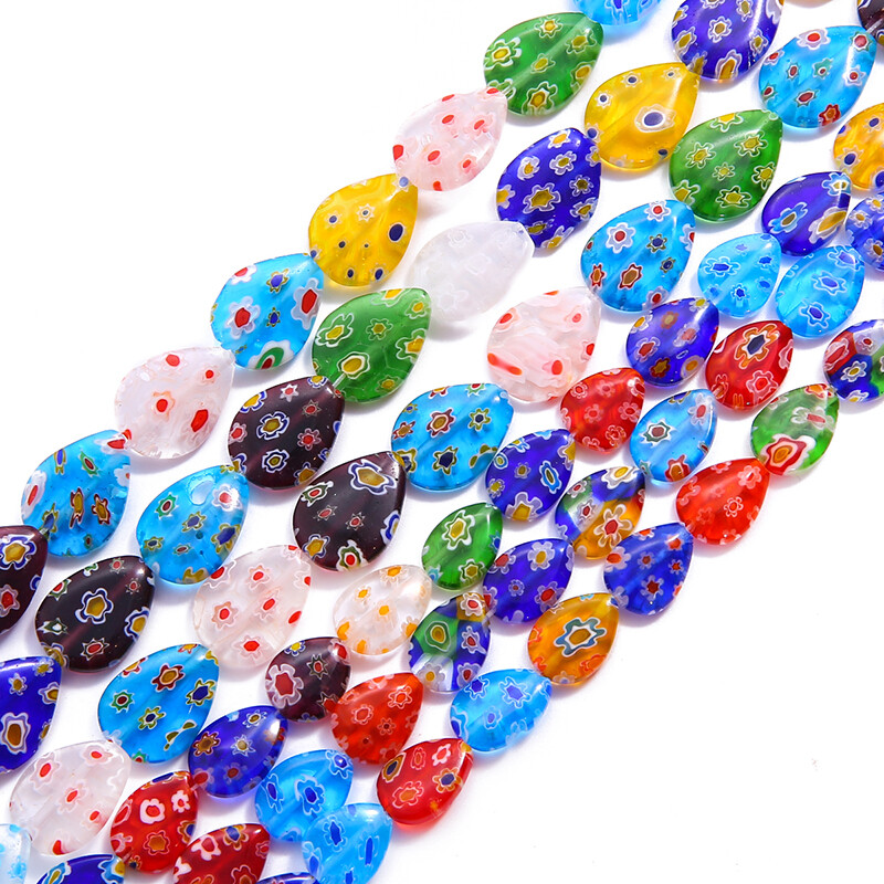 Mixed Colors Flat Tear Drop Shape Flower Patterns Millefiori Glass Lampwork Loose Crafts Beads for Necklace Bracelet Earring Making DIY Jewelry Making Findings Length About 35-36cm