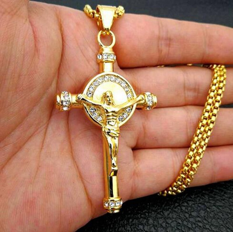 Men's Women's Zircon Cross Pendant Stainless Steel Ice Cross Pendant Necklace Chain Fashion Jewelry