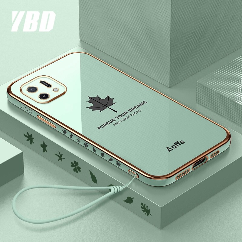 Ybd cạnh thẳng mạ Ốp điện thoại cho OPPO a16k a16e vỏ, chính xác Bảo vệ máy ảnh trường hợp họa tiết lá phong bìa với dây đeo miễn phí