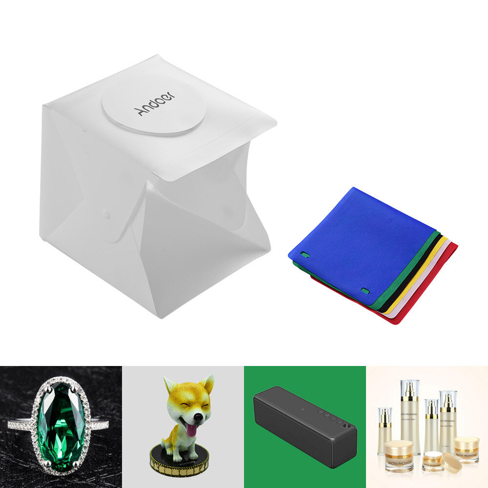 Andoer Portable Photo Studio LED Light Box Shooting Tent Mini Folding Photography Studio Softbox with 6 Colors Backdrops 2pc LED Strip with 40pcs Light Beads 6500K USB Cable for Jewellery Small Products Still Life Photography