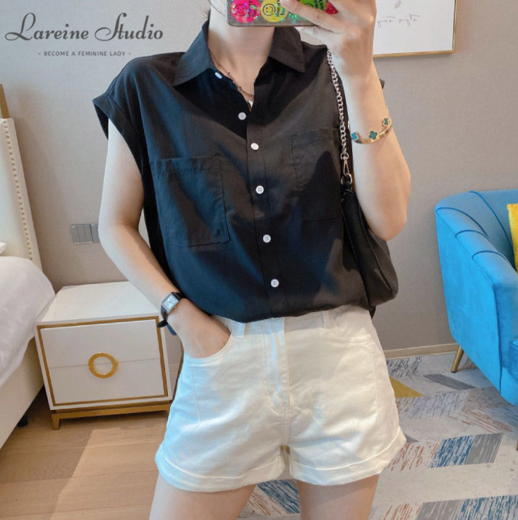 LAREINE Sơ Mi Nữ Hàn Quốc thường phong cách Ngắn Tay Áo Cổ LậT Chic màu trơn cỡ lỡn áo hàng đầu