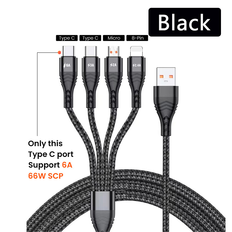 Disour new 6a super fast charging cable 4 in 1 nylon braided cable ios micro usb type-c 6a 66w for i phone13 12 11pro xiaomi huawei universal