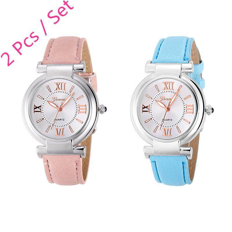2 Pcs /set Geneva Womens Fashion Waterproof Quartz Watch Ladies Casual Leather Band Watch (Pink and Light Blue) Malaysia