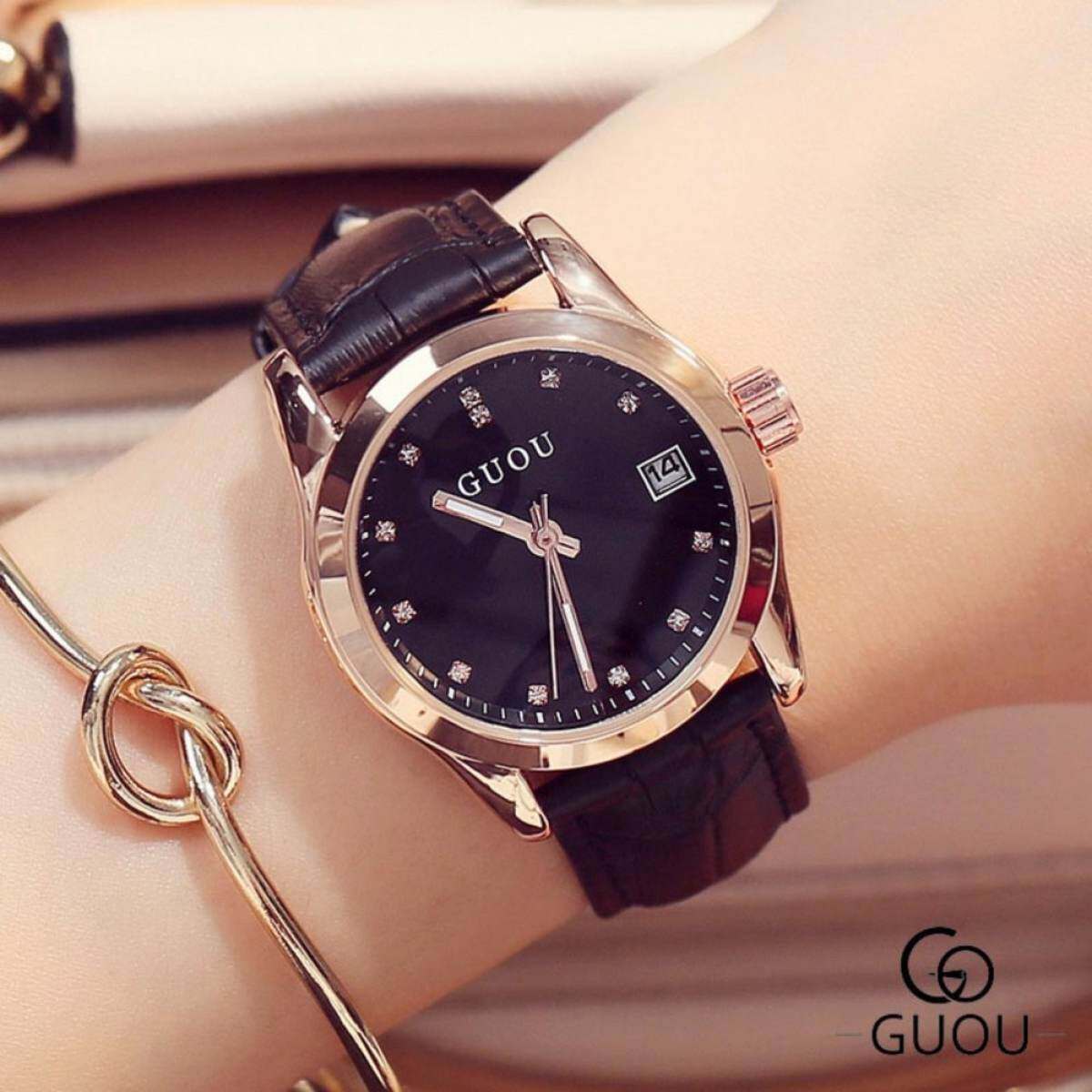 2017 Jenama Mewah Guou Pakaian Mode Leisure Kasual Kuarza Wanita Wanita Jam Tangan Watch Kulit Buatan Jam untuk Wanita (hitam)