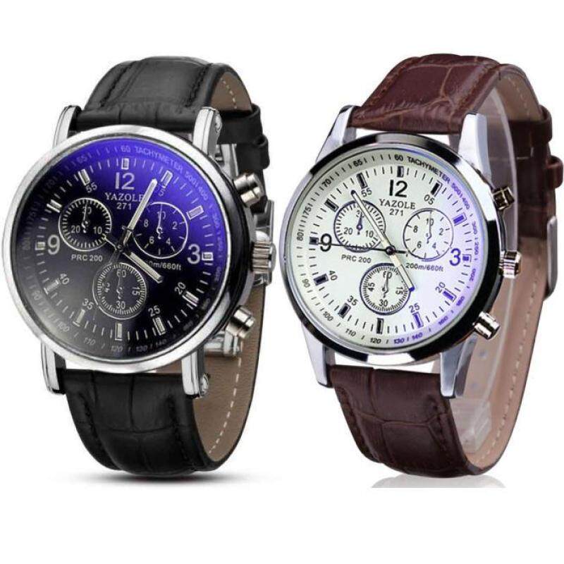 2PC Luxury Fashion Faux Leather Mens Blue Ray Glass Quartz Analog Watches Malaysia