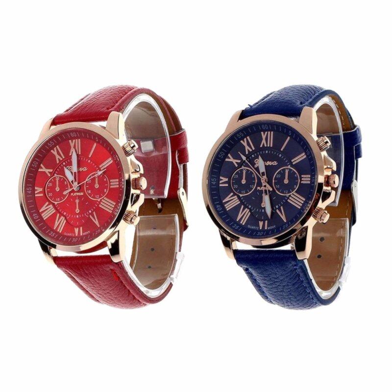 2Pcs/set Geneva Womens Fashion Roman Numerals Faux Leather Analog Quartz Wrist Watch Red and Blue Malaysia