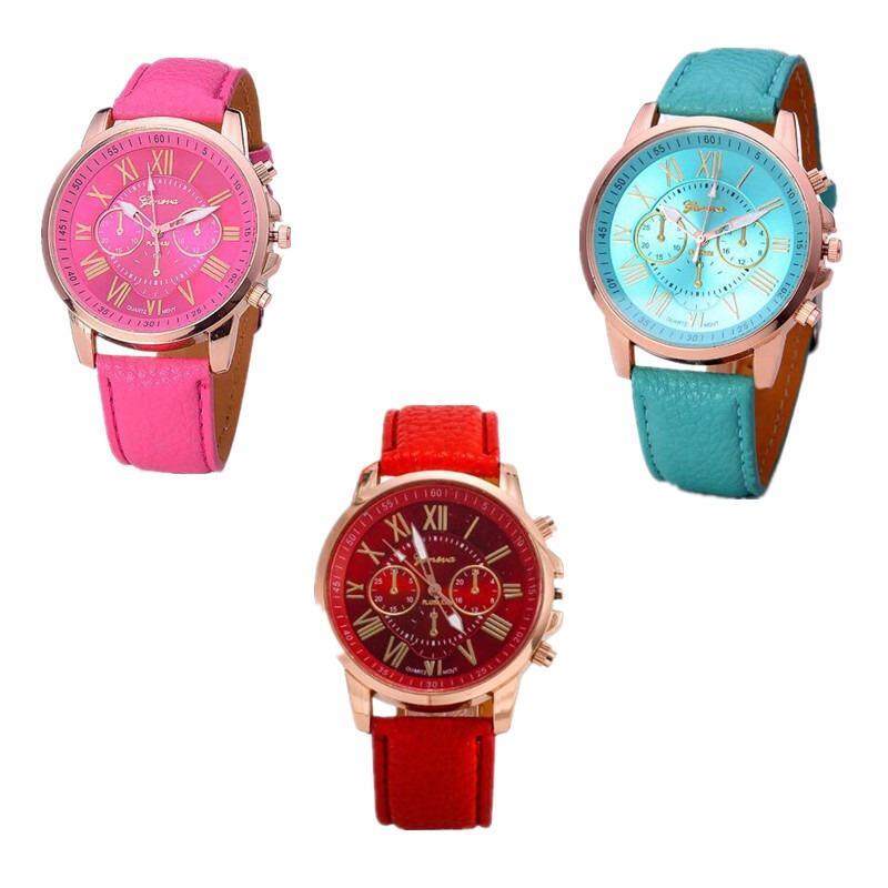 3pcs / set Geneva Ladies Fashion Roman Digital Leatherette Fashion Watch Malaysia