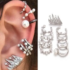 Women Clip Earrings At Best Price In 9 Pcs Set Punk Fashion Women Personality Ear Clip Carved Diamond Pearls Crown Silver Stud