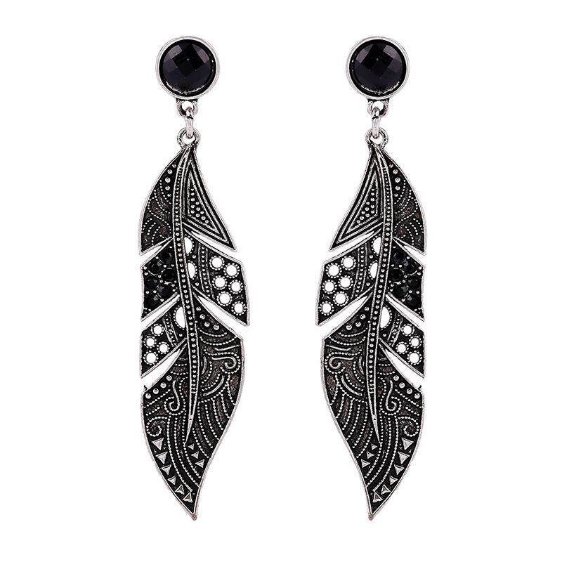 Sepasang Wanita Antik Panjang Daun Jatuh Stud Dangle Anting-Anting (Hitam)-Internasional