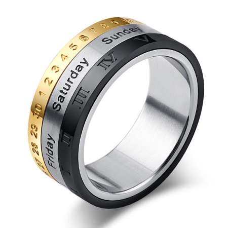 Amart Korean Fashion 8mm Titanium Steel Tricolor Calendar Time Wedding Ring(7,8,9,10,11,12size)