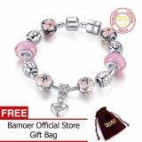 BAMOER Free Shpping Silver Plated Charm Bracelet with Heart Pendant & Cherry Blossom Charm Pink Murano Glass Beads Friendship Bracelet PA1459