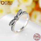 BAMOER Free Shpping Authentic 100% 925 Sterling Silver Sparkling Bow Knot Stackable Ring Micro Pave CZ Wedding Jewelry 6 7 8 9 Size PA7104