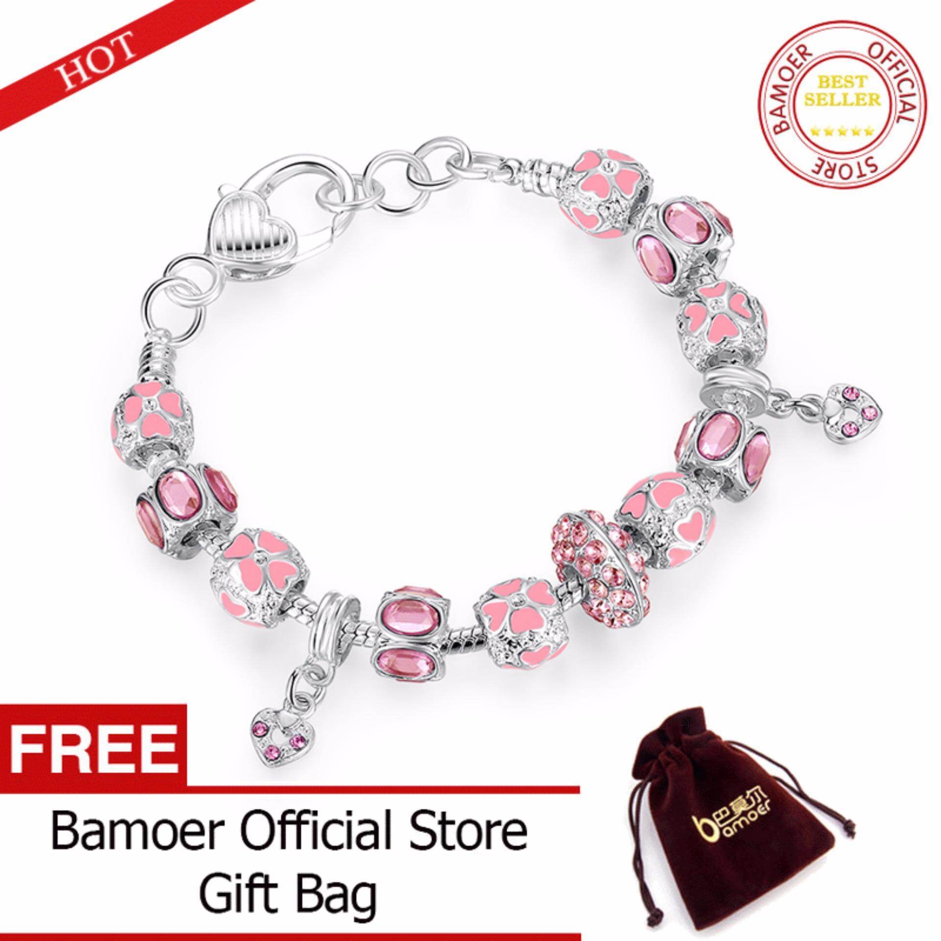 BAMOER Free Shpping Winter Color Pink Glass Charm Beads Bracelet for Women With Pink Crystal Murano Fashion Silver Jewelry PA1400