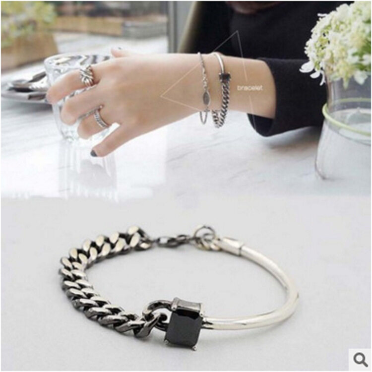 (Terbaik)-Custom Made Retro Hitam Batu Akik Faset Permata Setengah Panjang Gelang Asimetris Gelang-Intl