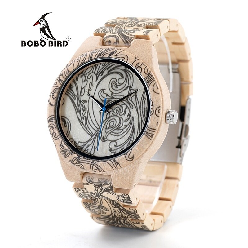 BOBO BIRD WO07 Mens Pine Wooden Quartz Watch Jam Tangan es for Men UV Printing Tattoo Watch Jam Tangan in Wood Box with tool for adjust size O07