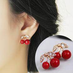 BODHI Women Red Cherry Clear Rhinestone Ear Studs Beads Golden Alloy Leaves Earrings