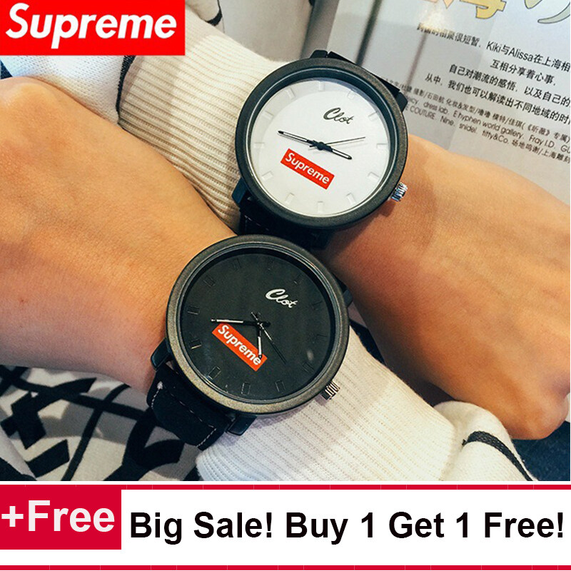 (1PC White +1PC Black Color) Fashion Supreme Men Women Quartz Clock Leather Casual Couple Loves Watch Gift Malaysia