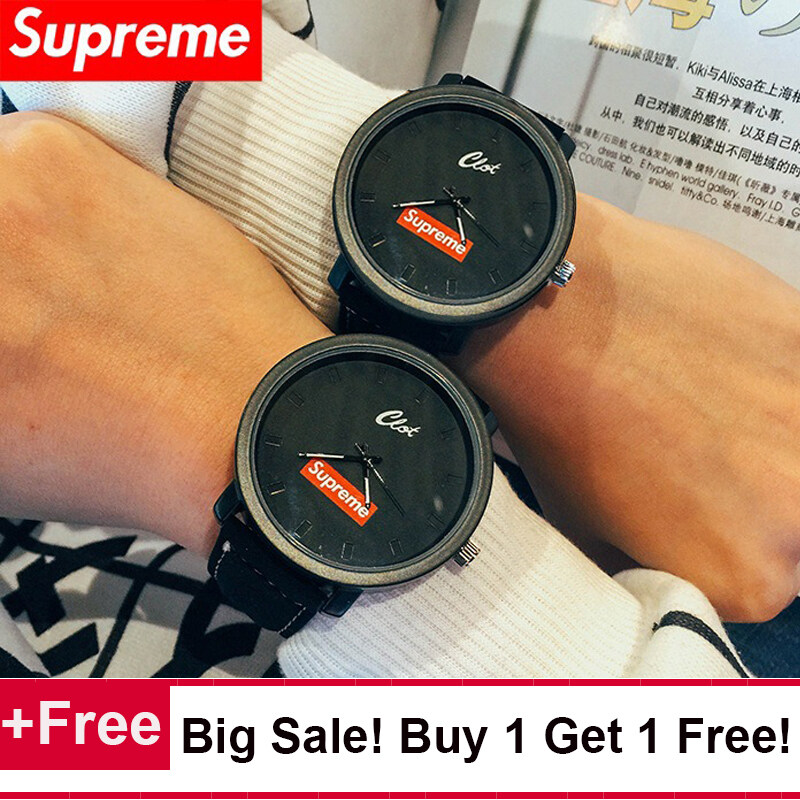 (2PCS/Black Color) Fashion Supreme Men Women Quartz Clock Leather Casual Couple Loves Watch Gift Malaysia
