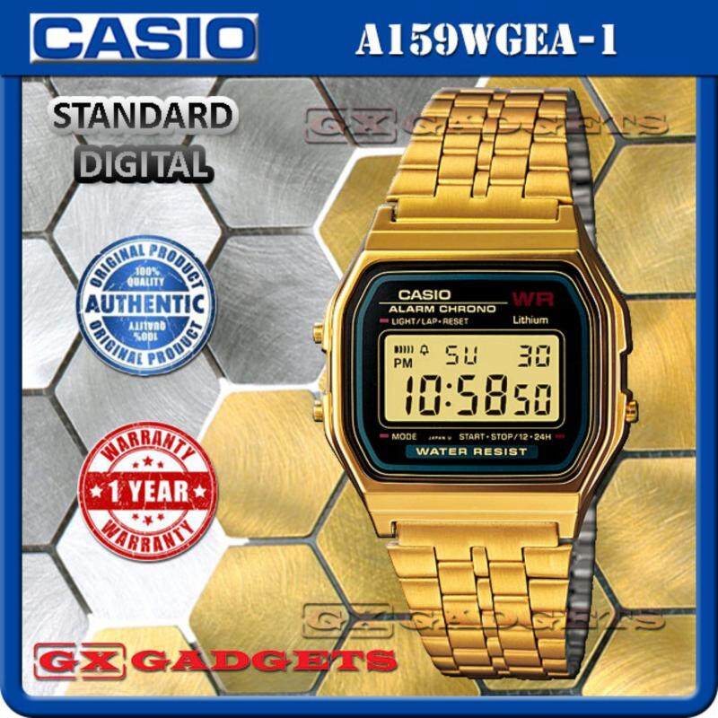 CASIO A159WGEA-1 STANDARD DIGITAL WATCH GOLD TONE LED LIGHT ALARM STOPWATCH STAINLESS STEEL BAND WR A159W SERIES Malaysia