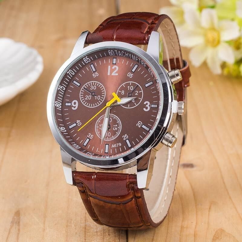 Casual Men Leather Band Glass Dial Quartz Movement Wristwatches Three Eyes Malaysia