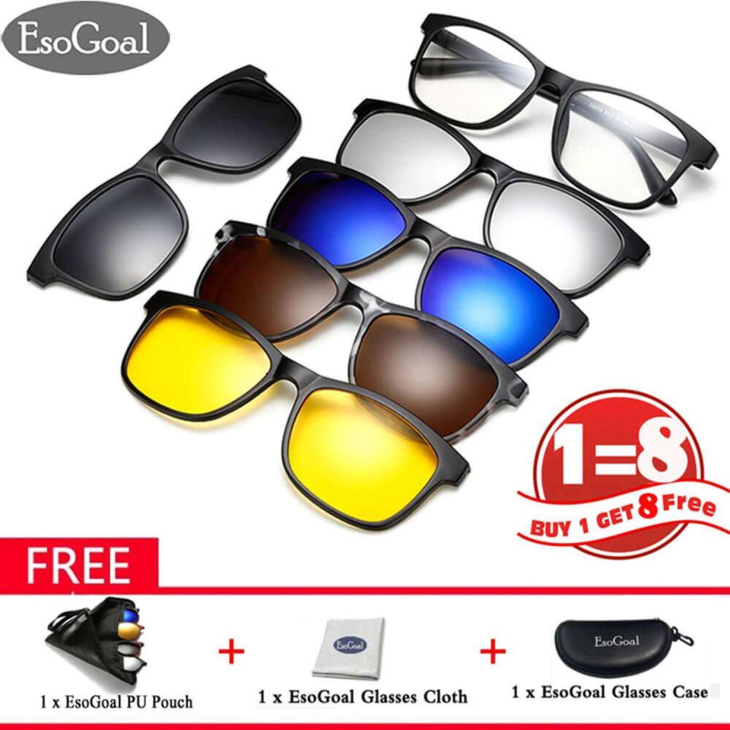 Esogoal Kacamata Hitam Magnetis Jepitan Kacamata Unisex Lensa Terpolarisasi Bingkai Retro dengan Set 5 Lensa-Intl
