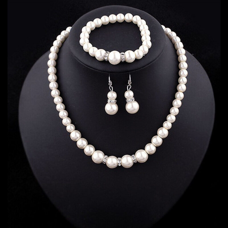 European Women Classic Diamond Ring Pearl Necklace Bride Jewellery Set