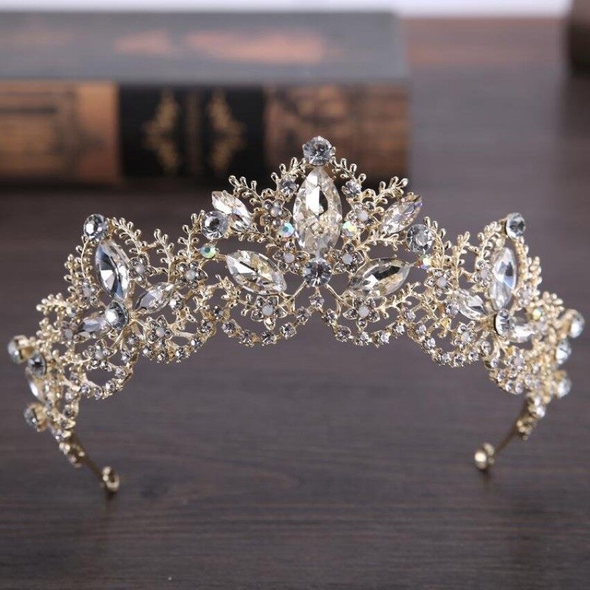 Evercute Baru Buatan Tangan Antik Barok Mahkota Gold Berlapis Mutiara Tiara untuk Pengantin Headpiece Queen Bunga Mahkota Rambut Aksesoris-Internasional