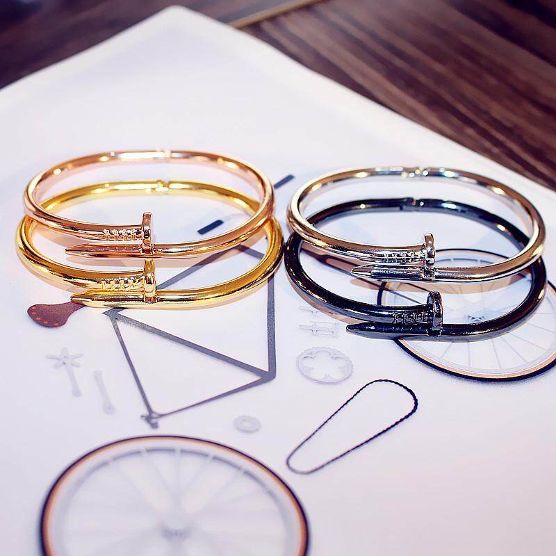 Fashion 4Pcs Unisex Women Men Korean Style Titanium Steel Bracelet Couple Nail Bangle 4 Color Black Silver Gold Rose Gold Malaysia
